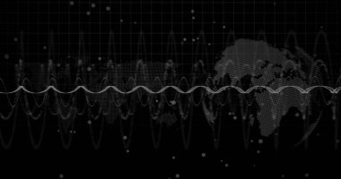 Dünya üzerinde beyaz noktalar ve dijital dalga görüntüsü ve siyah arkaplan karşısında dünya haritası. Küresel ağ ve iş teknolojisi kavramı