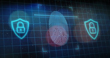 Dijital kilitlerle çevrili parmak izleri, güvenliği simgeliyor. Mavi ve siyah arka plan yüksek teknolojili atmosfere ekleniyor. Dijital şebekeler modern hissi arttırıyor.