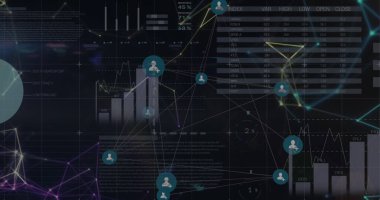 Bağlantı ağının resmi ve siyah arkaplana karşı istatistiksel veri işleme. Küresel ağ ve iş veri teknolojisi kavramı
