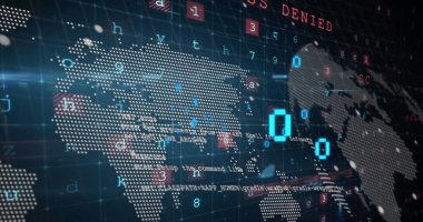 Görüntü, siber saldırı uyarısı üzerine veri işleme sürecini gösteriyor. Uyarı mesajı gösteren dijital bir arayüzle başlar, ardından şeffaf bir arkaplanda ikili kod işleme gelir. Resim bilgisayarınızın mesajıyla sona eriyor.