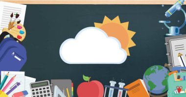 Etrafı karatahta kaplı okul malzemeleri renkli ikonlar sergiliyor. Sırt çantası, elma ve kitaplar eğitim arkaplanına canlılık katıyor