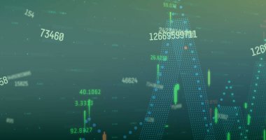 Mavi arkaplana karşı çok renkli grafikler üzerinden rakamları değiştirme görüntüsü. Dijital olarak üretilmiş, hologram, illüstrasyon, rapor, büyüme, soyut ve iş konsepti.