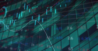 Şehirdeki modern ofis binasının mali veri işleme görüntüsü. Küresel iş, finans, bağlantılar, hesaplama ve veri işleme kavramı dijital olarak oluşturuldu.