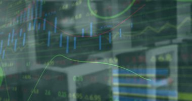 Grafik, daire yükleme ve boş sandalyelerin üzerinden takas tahtası. Dijital bileşik, çoklu pozlama, mobilya, rapor, iş, büyüme, ilerleme ve borsa kavramı.