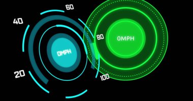 Image of circular speedometers with changing numbers against black background. Digitally generated, hologram, illustration, illuminated, measurement, abstract and technology concept. clipart