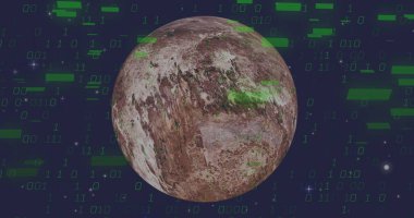 Dünya üzerinde veri işleme görüntüsü. Dijital olarak oluşturulmuş küresel bağlantılar, hesaplama ve veri işleme kavramı.