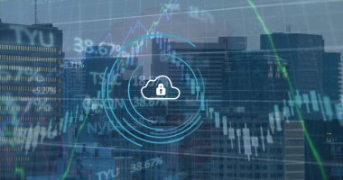 Yüksek binalara karşı güvenlik kilidi simgesi, finansal ve borsa verileri işleme imgesi. Küresel ekonomi ve siber güvenlik teknolojisi kavramı