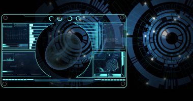 Kan hücresi görüntüsü, yükleme çubukları, küre, siyah arka plan üzerinde daireler. Dijital olarak üretilen, hologram, illüstrasyon, ilerleme, tıbbi, sağlık ve teknoloji kavramı.