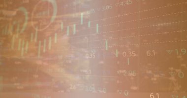 Çoklu grafikler, daireler yükleme ve soyut arka planda işlem tahtası görüntüsü. Dijital olarak üretilen hologram, illüstrasyon, rapor, iş, ilerleme, büyüme ve borsa konsepti.