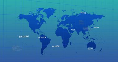 Mavi arkaplandaki haritaya karşı şebeke şablonu üzerinden rakamların ve bilgisayar dilinin resmi. Dijital olarak üretilmiş, hologram, illüstrasyon, rakamlar, üç boyutlu ve küresel konsept.