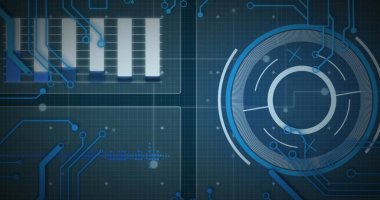 Devre kartının üzerinde tarama ve veri işleme alanı görüntüsü. Küresel hesaplama, dijital arayüz ve veri işleme kavramı dijital olarak oluşturuldu.