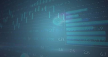 Birden fazla grafik üzerinde dairelerin resmi ve mavi arka planda ticaret panosu. Dijital olarak üretilen hologram, illüstrasyon, rapor, ilerleme, iş dünyası, soyut ve borsa kavramı.