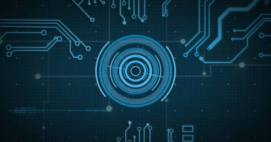 Devre kartının üzerinde tarama ve veri işleme alanı görüntüsü. Küresel hesaplama, dijital arayüz ve veri işleme kavramı dijital olarak oluşturuldu.