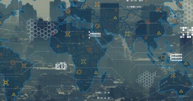 Şehir manzarasının havadan görüntüsüne karşı veri işleme ve dünya haritası. Bilgisayar arayüzü ve iş teknolojisi kavramı