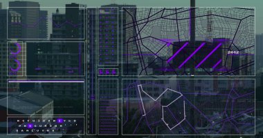 Şehir manzarasının havadan görüntüsüne karşı veri işleme arayüzünün görüntüsü. Bilgisayar arayüzü ve iş teknolojisi kavramı