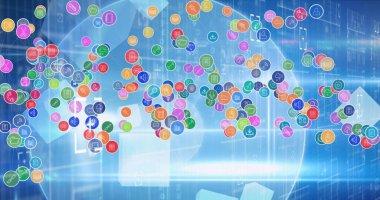 Işık yolları ve ışık noktaları üzerindeki çoklu dijital simgelerin görüntüsü. küresel ağ ve teknoloji kavramı