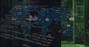 Sunucu odasında veri işleme ve dünya haritası. Küresel teknoloji ve dijital arayüz, dijital olarak oluşturulmuş görüntü.