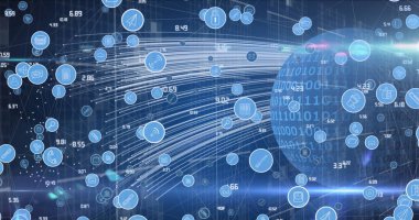 Dijital simge ağının görüntüsü, dünyadaki ikili kodlamaya karşı ışık izlerine karşı. küresel ağ ve teknoloji kavramı