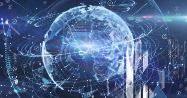 Mavi zemin üzerindeki ışık noktasıyla dünya üzerindeki bağlantı ve ışık yollarının görüntüsü. küresel ağ ve teknoloji kavramı