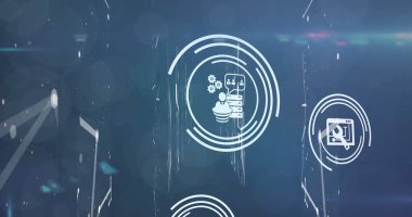 Işık yolları üzerinde birden fazla dijital simge ve mavi arkaplan üzerinde ışık noktaları. küresel ağ ve teknoloji kavramı