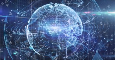 Mavi zemin üzerindeki ışık noktasıyla dünya üzerindeki bağlantı ve ışık yollarının görüntüsü. küresel ağ ve teknoloji kavramı