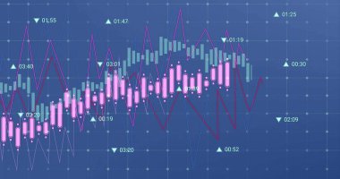 Mavi arka planda finansal veri işleme resmi. Küresel iş, finans, hesaplama ve veri işleme kavramı dijital olarak oluşturulmuş görüntü.