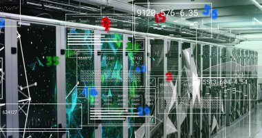 Image of data processing over computer servers. Global connections, computing and data processing concept digitally generated image.
