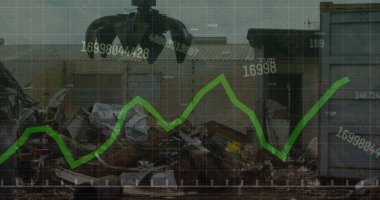 Hurdalıkta çalışan hidrolik kaldırma makinesine karşı istatistiksel veri işleme resmi. Geri dönüşüm ve iş veri teknolojisi kavramı
