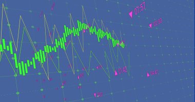 Mavi arka planda finansal veri işleme resmi. Küresel iş, finans, hesaplama ve veri işleme kavramı dijital olarak oluşturulmuş görüntü.