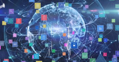 Mavi arka planda, ışık yollarının üzerindeki çoklu dijital simgelerin görüntüsü. küresel ağ ve teknoloji kavramı