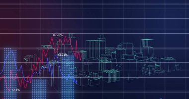 Şehir manzarasının 3 boyutlu modelinin finansal veri işleme görüntüsü. küresel finans sektörü arayüzü kavramı dijital olarak oluşturulmuş görüntü.