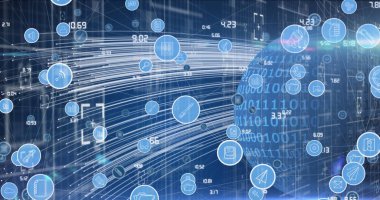 Dijital simge ağının görüntüsü, dünyadaki ikili kodlamaya karşı ışık izlerine karşı. küresel ağ ve teknoloji kavramı