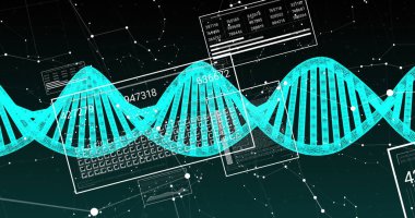 Dönen DNA yapısı, bağlantılar ağı ve veri işleme arayüzü görüntüsü. Tıbbi araştırma ve iş ağı teknolojisi kavramı