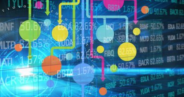 Kapsam taraması üzerinden finansal veri işleme ve bağlantı ağının resmi. küresel finans ve iş, bağlantılar ve dijital arayüz kavramı dijital olarak oluşturulmuş görüntü.