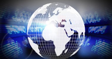 Dünya 'nın borsa veri arkaplanındaki görüntüsü. dijital bileşim, çoklu pozlama, küresel, soyut ve teknoloji kavramı.