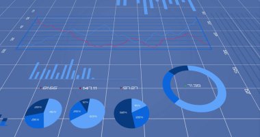 Mavi arka planda finansal veri işleme resmi. Küresel iş, finans, hesaplama ve veri işleme kavramı dijital olarak oluşturulmuş görüntü.