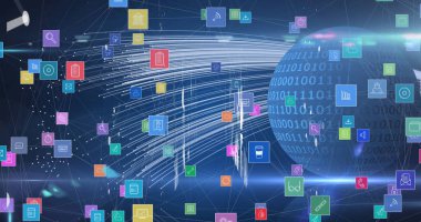 Dijital simge ağının görüntüsü, dünyadaki ikili kodlamaya karşı ışık izlerine karşı. küresel ağ ve teknoloji kavramı