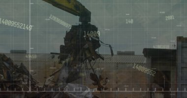 Hurdalıkta çalışan hidrolik kaldırma makinesine karşı istatistiksel veri işleme resmi. Geri dönüşüm ve iş veri teknolojisi kavramı