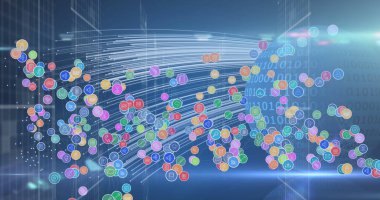 Dijital simge ağının görüntüsü, dünyadaki ikili kodlamaya karşı ışık izlerine karşı. küresel ağ ve teknoloji kavramı