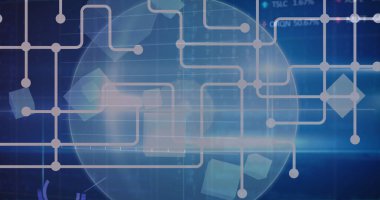 Şebekedeki bağlantı ve veri işleme ağının resmi. Bağlantılar ve dijital arayüz konsepti küresel ağları dijital olarak oluşturuldu.