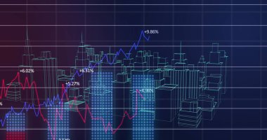 Şehir manzarasının 3 boyutlu modelinin finansal veri işleme görüntüsü. küresel finans sektörü arayüzü kavramı dijital olarak oluşturulmuş görüntü.