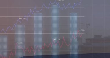 Şehir manzarası üzerinde finansal veri işleme resmi. Küresel işletme finans ve veri işleme kavramı dijital olarak oluşturulmuş görüntü.