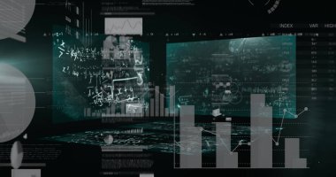 Siyah arkaplanda veri işleme resmi. küresel veri işleme, teknoloji ve dijital arayüz kavramı dijital olarak oluşturulmuş görüntü.