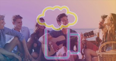 Bira ikonu, çeşitli arkadaş gruplarının bira içip gitar çalması. Ulusal piknik günü ve dijital olarak üretilen görüntü konsepti.