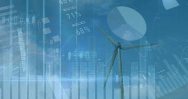 Rüzgar türbininin üzerindeki grafikler ve finansal veriler. finans, ekonomi, yenilenebilir kaynaklar ve dijital olarak oluşturulan enerji konsepti.