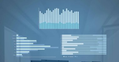 Boş ofise karşı istatistiksel veri işleme resmi. Bilgisayar arayüzü ve iş veri teknolojisi kavramı