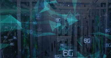 Sunucu odasında şekillerin ve 6G metinlerin resmi, kopyalama alanı. Küresel iş ve dijital arayüz kavramı, dijital olarak oluşturulmuş görüntü