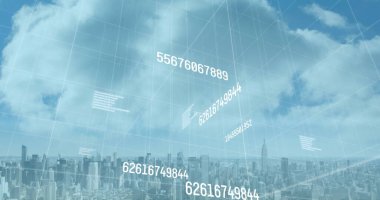 Şehir manzarası üzerinde değişen ve veri işleme yapan numaraların resmi. küresel iş, veri işleme ve dijital arayüz kavramı dijital olarak oluşturulmuş görüntü.