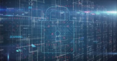 Mavi arkaplanda veri işleme ve asma kilit resmi. küresel iş ve dijital arayüz kavramı dijital olarak oluşturulmuş görüntü.