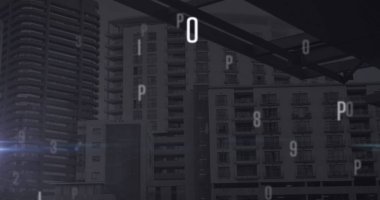 Şehir manzarasında düşen sayıların görüntüsü. küresel iş, finans, dijital arayüz ve bağlantılar konsepti dijital olarak oluşturulmuş görüntü.